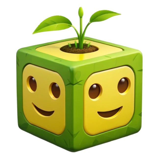 3D Apple style emoticons for Minecraft grass blocks, cube shaped with grass at the top and a plot below sticker