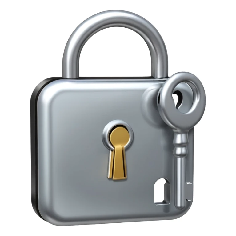 A chrome silver lock and key emoji, smooth metallic surfaces, glossy reflections, luxury swag vibe, minimal iOS emoji style, centered on clean white background sticker