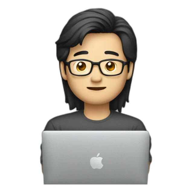 Aged 47 Asian Guy coding on the macbook, more black hair sticker