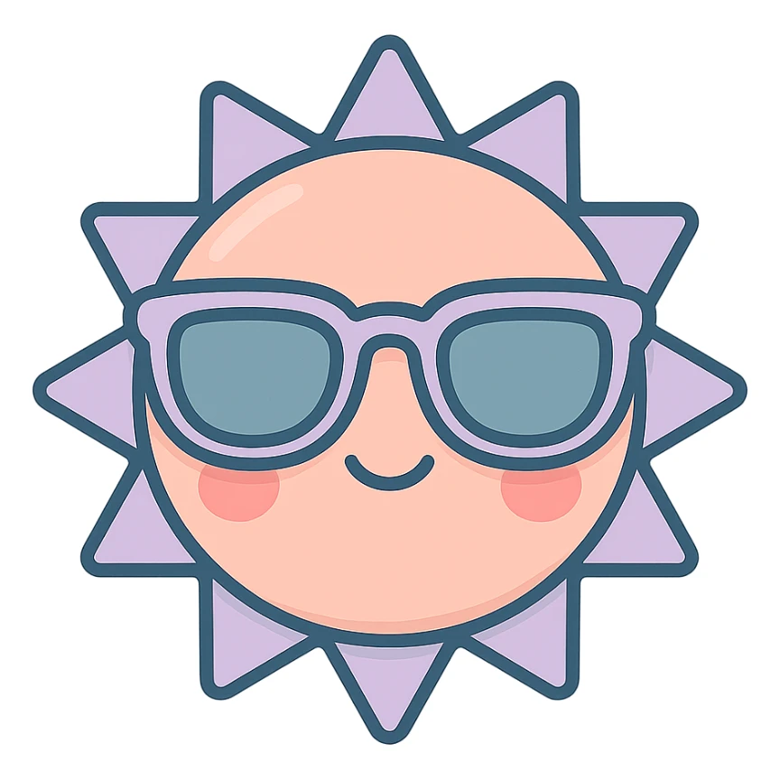 kawaii sun with sunglasses, icon-color-outlined style, detailed shading, thin clean outlines, soft rounded features, pastel palette #98B5BC #B5B3C1 #C9A3C9 #E4C0CA #F7DCD1 #F7C0AA, Japanese pop art, sticker style, highly detailed, vector clarity, soft lighting, subtle shadows, transparent background sticker