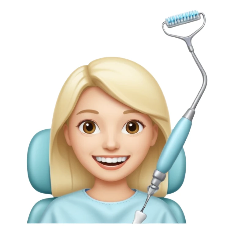 Mo smiling in a dental chair getting her teeth whitened, dentist holding whitening tool, bright and cheerful atmosphere sticker