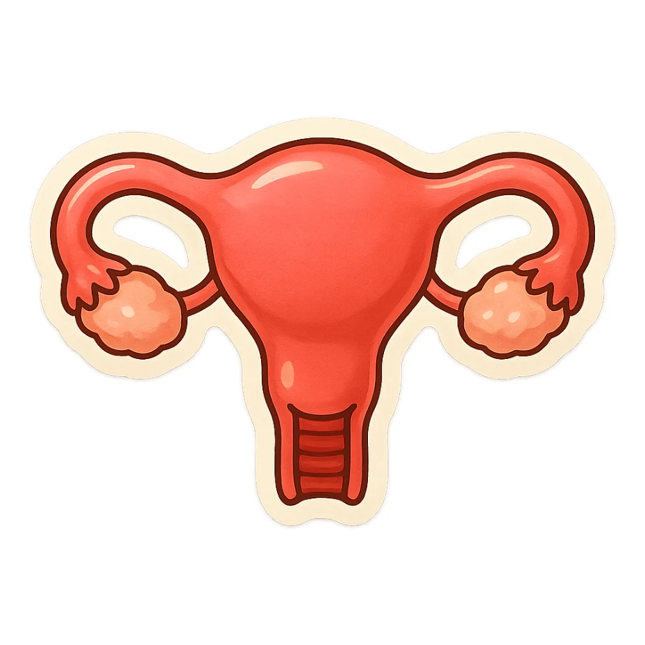 Retro stickers style variant of a uterus with soft rounded shapes, expressive contours, vintage color palette, light paper texture, shadows and highlights, transparent background. sticker