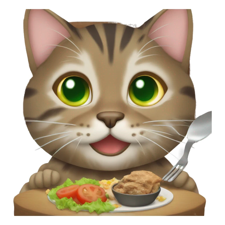 A brown tabby cat with green eyes eating dinner sticker