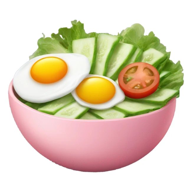 cucumber, tomato and lettuce chopped up in a pink bowl, topped with a fried egg sticker