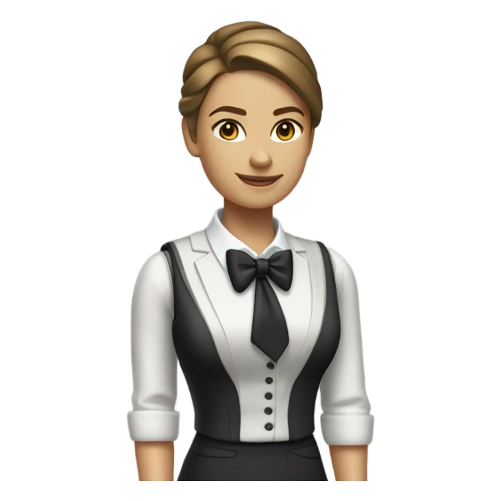 a caucasian female butler with a professional and elegant demeanor. She has her hair neatly tied in a ponytail and wears a classic butler uniform, including a tailored vest, crisp white shirt, and bow tie. sticker