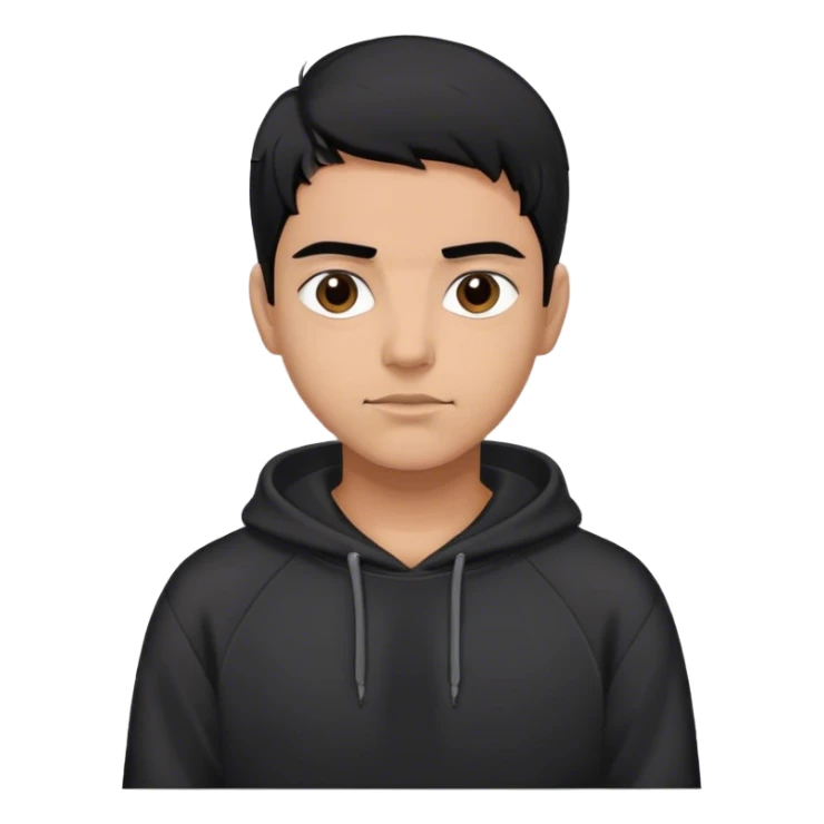 Latino, black hair, with a black sweatshirt sticker