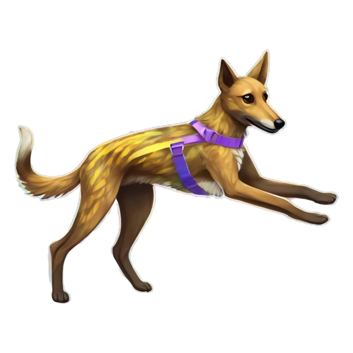  brindle brown black maroon striped lurcher Alsatian fox running blue eyes and iridescent holographic oilslick harness wearing paper iridescent tropical flower crown yellow caution tape sticker