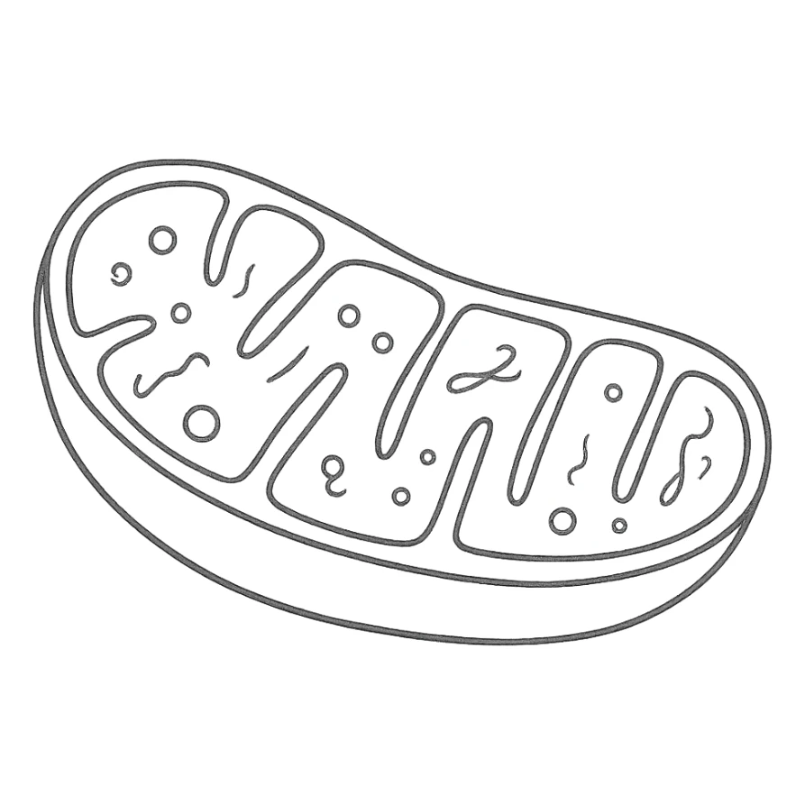 Draw a schematic pen-style drawing of a mitochondrion structure on white paper, isolated on a white background, similar to the reference image. The style should be hand-drawn with black outlines and no fill, resembling a clear scientific sketch. sticker