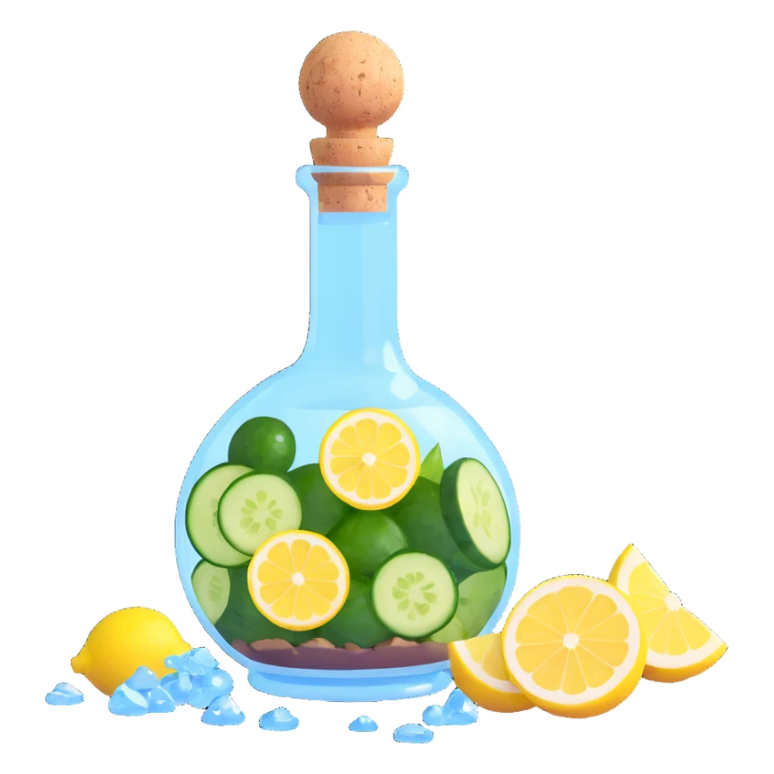 potion bottle with a perfectly round floating bottom, very small cork, very short neck, filled with #00d9ff liquid, inside cucumber slices, lemon slices, ice cubes, edible flower petals, and magical sparkles, soft lighting, transparent glass, clean background, fantasy style sticker