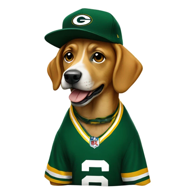 Dog wearing Green Bay packers jersey and hat sticker