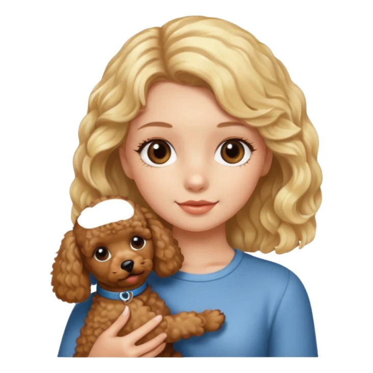 A blond girl holding a puppy brown poodle  sticker