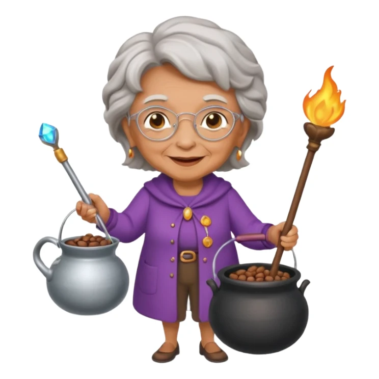 A grandma walking with a magic wand and a cauldron while holding a can of beans sticker