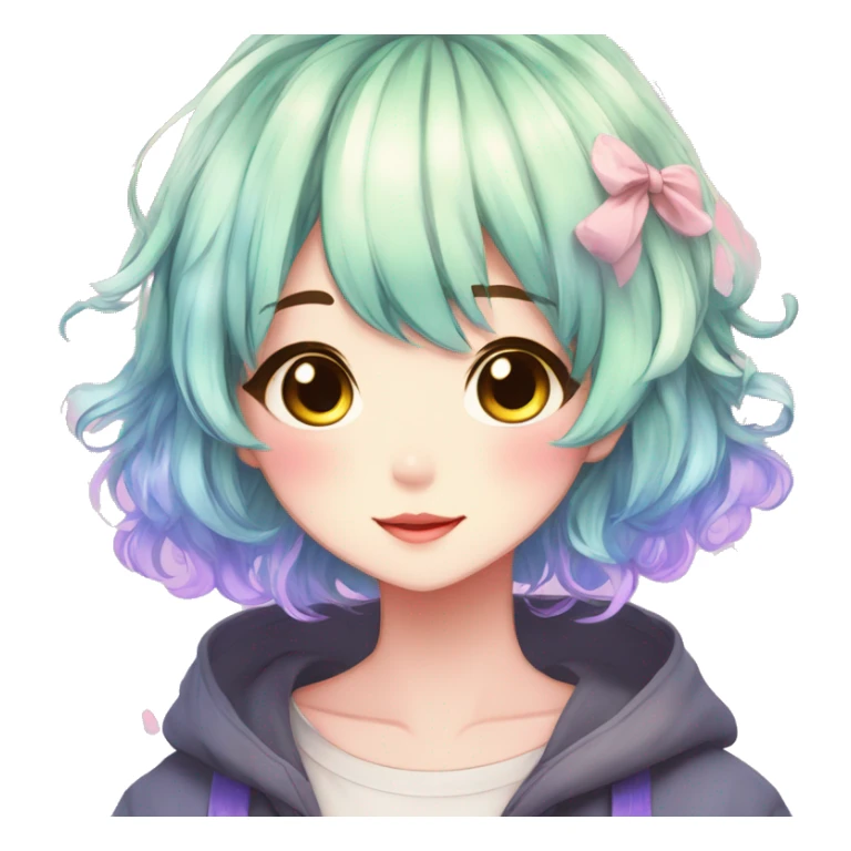 Gorgeous anime style shojo character with blushing face aesthetic and pretty colorful shiny gradient hair with hair garment trending style sticker
