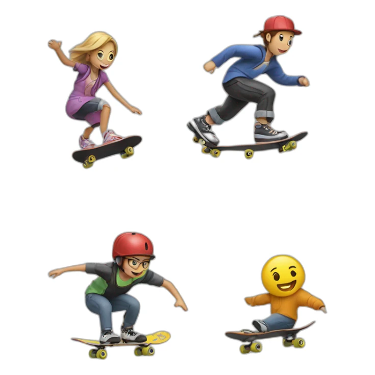 two characters are skateboarding and one character is rollerblading and all three are rolling on a puddle sticker