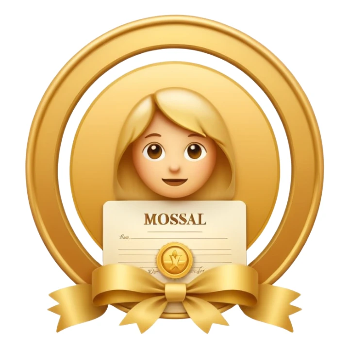 Apple iOS emoji style certificate icon, white document with rounded corners, gold seal and ribbon, soft gradients, glossy 3D emoji look, minimal, clean, centered, transparent background sticker
