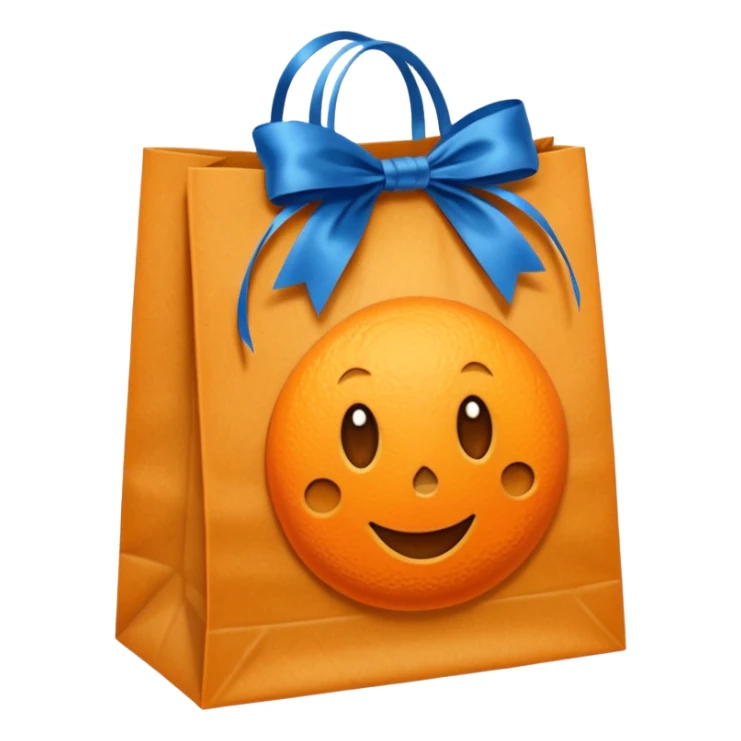 orange paper bag with blue ribbon sticker