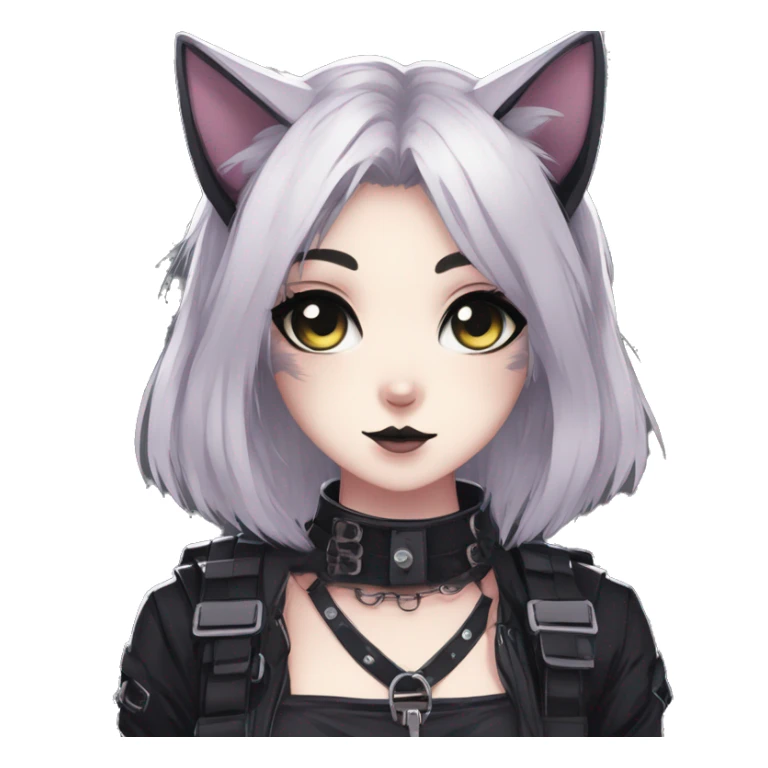 Gorgeous gothic dark techwear anime style anthro cat with blushing face aesthetic and pretty edgy black with collar and harness trending style sticker