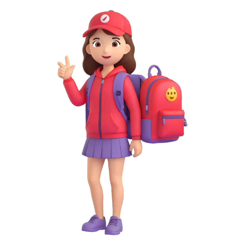 young girl with red backpack, left hand pointing up to the left, emoji style, standing pose sticker