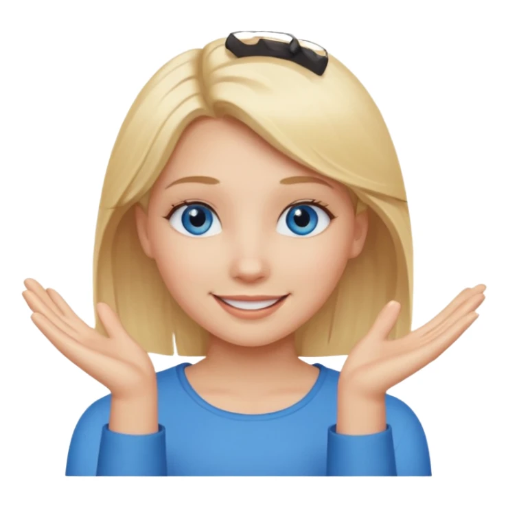 girl with blonde hair and blue eys with heands telling what  sticker