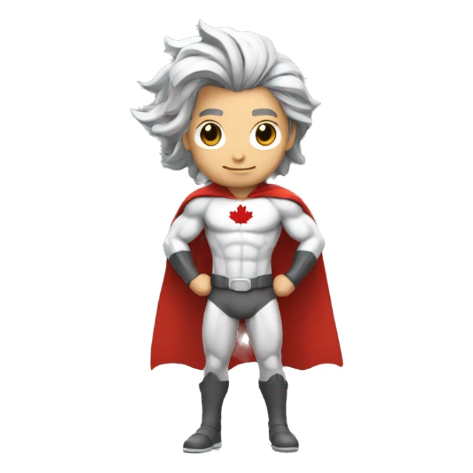 a male canadian superhero wearing red and white clothes that has a mapple leaf on chest and long dark grey hair in a ponytail sticker