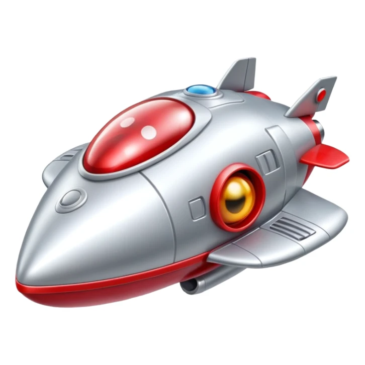 A silver and red toy spaceship with big eyes and a smiling face sticker