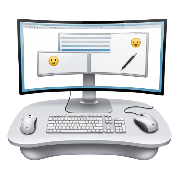 Create an emoji for UX/UI design. Two large curved monitors placed next to each other, displaying design mockups or wireframes. A mouse, keyboard, and stylus to symbolize the tools used in the design process. Do not include any emojis or smiley faces. Background transparent. sticker
