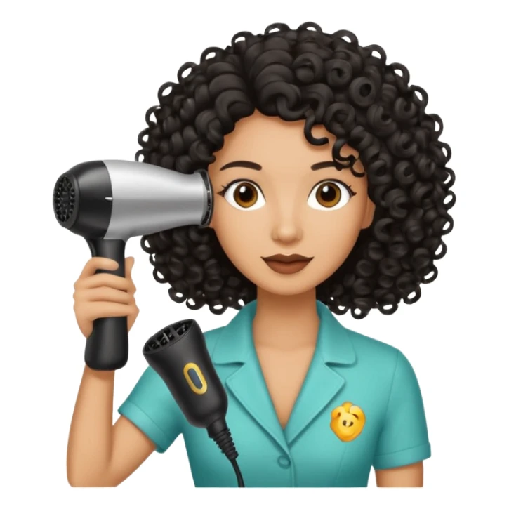 Parrucchiera con il phon in mano e la scritta coiffeur assunta capelli neri e ricci sticker