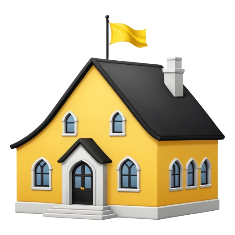 simple magic school, low detail, white background, magic school, black roof, with a big flag, big flag on a roof, big yellow flag, white school sticker