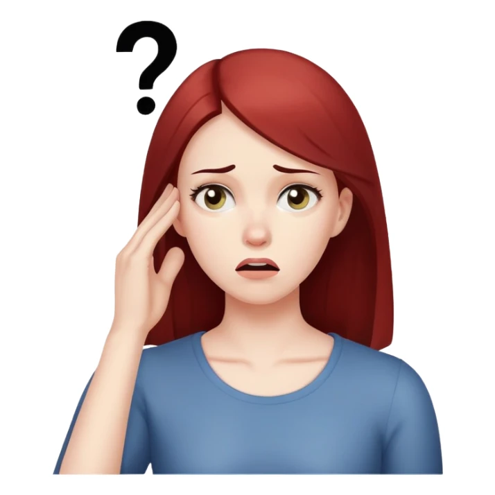 Woman with puzzled expression, scratching her head with a question mark sticker