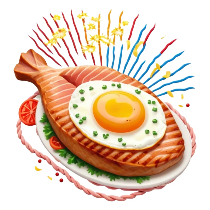 Protein party explosion with chicken breast, red meat steak, salmon fillet, and egg bursting upward from center like fireworks, with the largest chicken piece in front, DNA strands spiraling around them, and muscle silhouette in background sticker