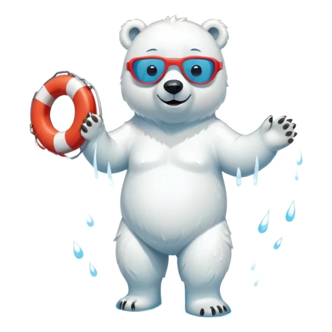 full body friendly anthropomorphised polar bear smiling, wearing colorful swim shorts and swim goggles, standing in a small puddle, holding a red and white life buoy sticker