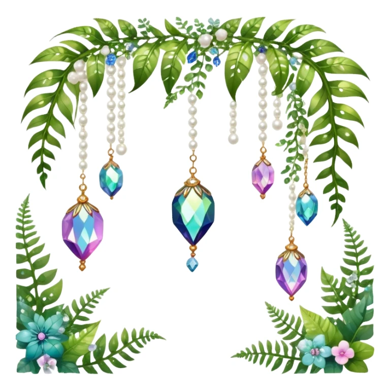 Exotic romantic Few cute tiny Iridescent glistening glossy sparkly shiny glittery hanging crystals pearls and beads and gemstones scenery scenic decorations with vines and ferns and flowers sticker
