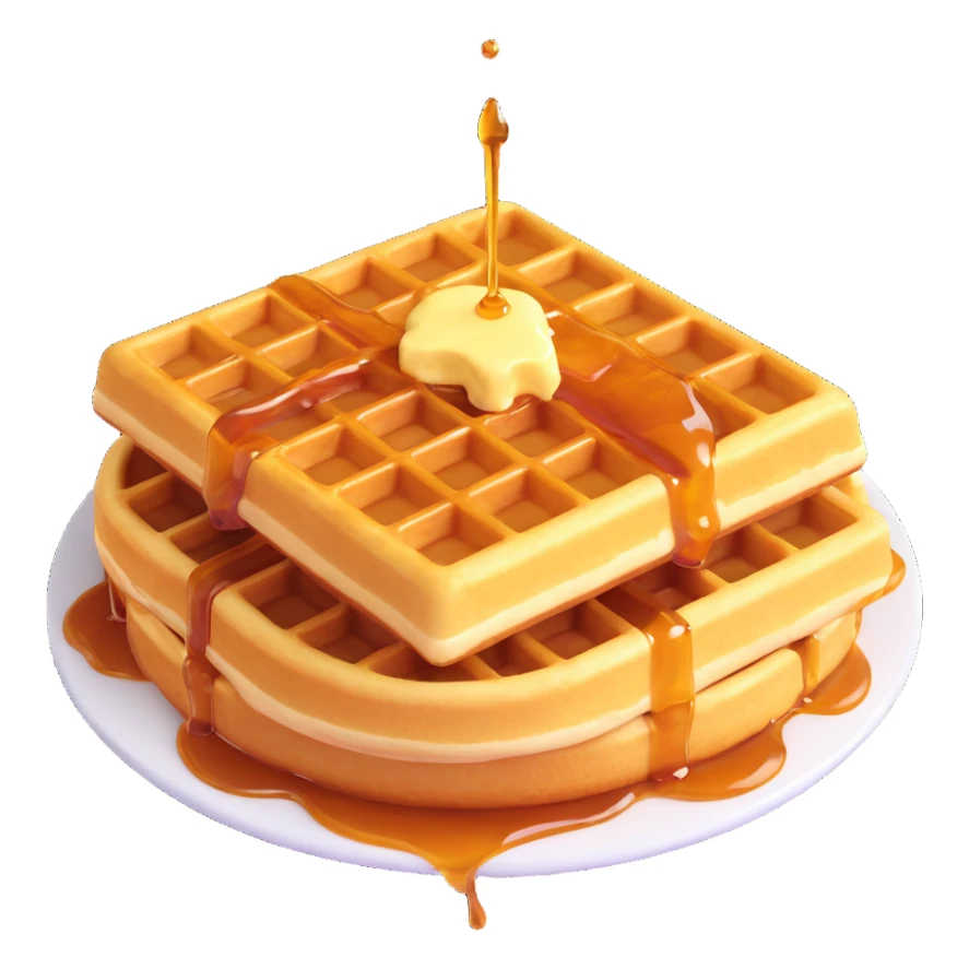 Keep the 3D emoji style golden waffle with grid pattern, melting butter, and evenly drizzled maple syrup. Apply soft lighting and minimal shadows. Make the background fully transparent. sticker