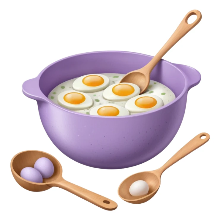 a lilac ceramic mixing bowl with a wooden spoon stirring and sitting next to it is a dozen eggs with the carton lid open sticker