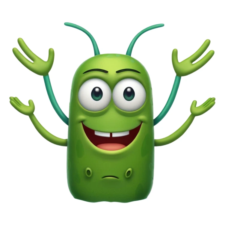 Plankton from Spongebob, arms crossed, smirking, green, one eye sticker