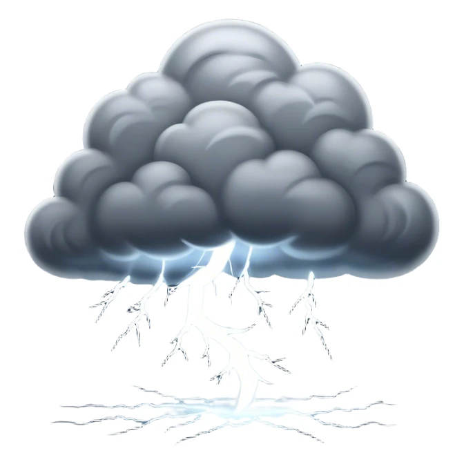 Cinematic Realistic Thunderstorm Emoji, Dark and dramatic, with swirling gray clouds illuminated by occasional flashes of lightning. The air crackles with energy as the storm builds, while heavy rain cascades down in sheets. Soft glowing outline, capturing the essence of power, intensity, and natural fury in a breathtaking thunderstorm! sticker