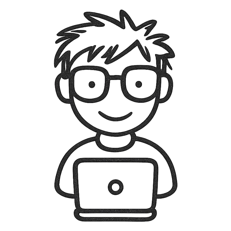 computer nerd icon, thick glasses, messy hair, playful, hand-drawn black outline style sticker