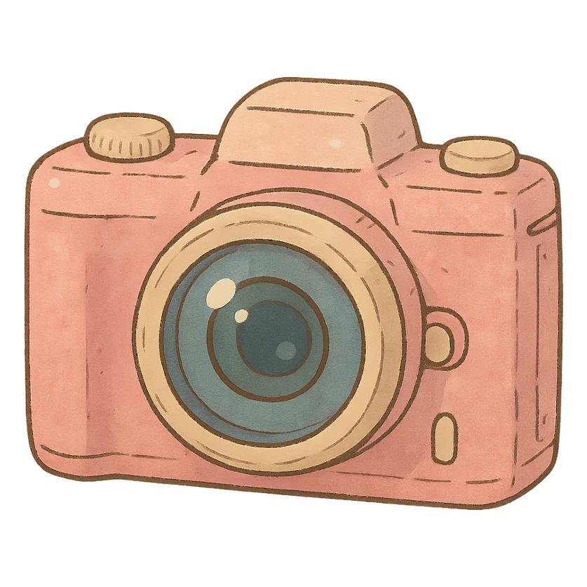 ghibli style icon of a pink camera, soft colors, whimsical sticker