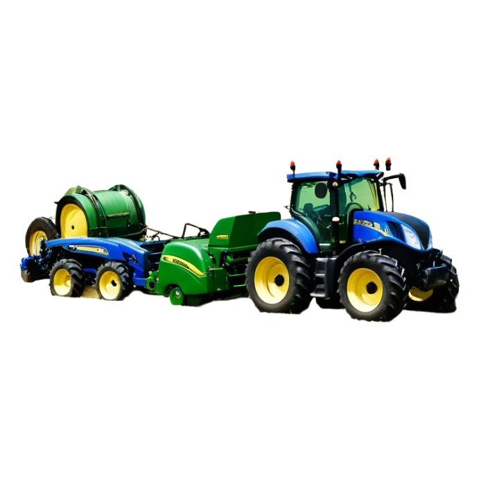 Baler – New Holland Roll-Belt 560 (2018) – Cinematic-realistic John Deere 6155M tractor towing a New Holland Roll-Belt 560 baler, its deep green body contrasting with the bright blue baler. The massive machine moves steadily through golden fields, compressing freshly cut hay into tight round bales, while dust swirls under the blazing afternoon sun. sticker