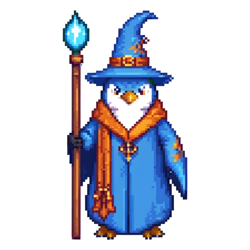 pixel art penguin wizard with a blue robe and staff sticker