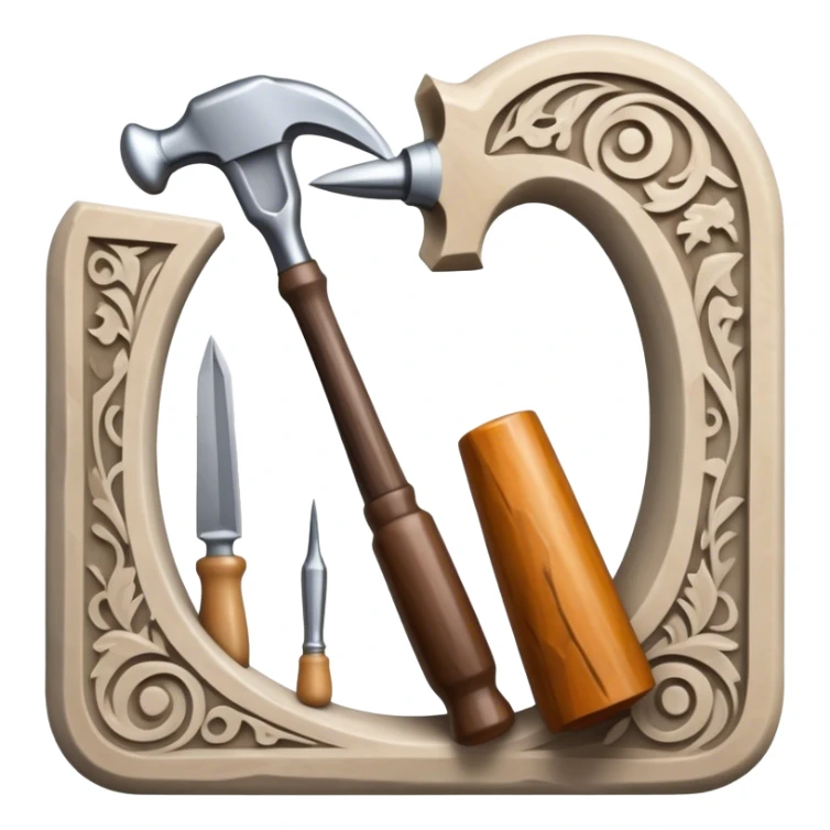 Carving icon, stone, bone, and horn with detailed patterns, carving tools like chisel, awl and hammer, minimalistic style, clean lines, transparent background. sticker