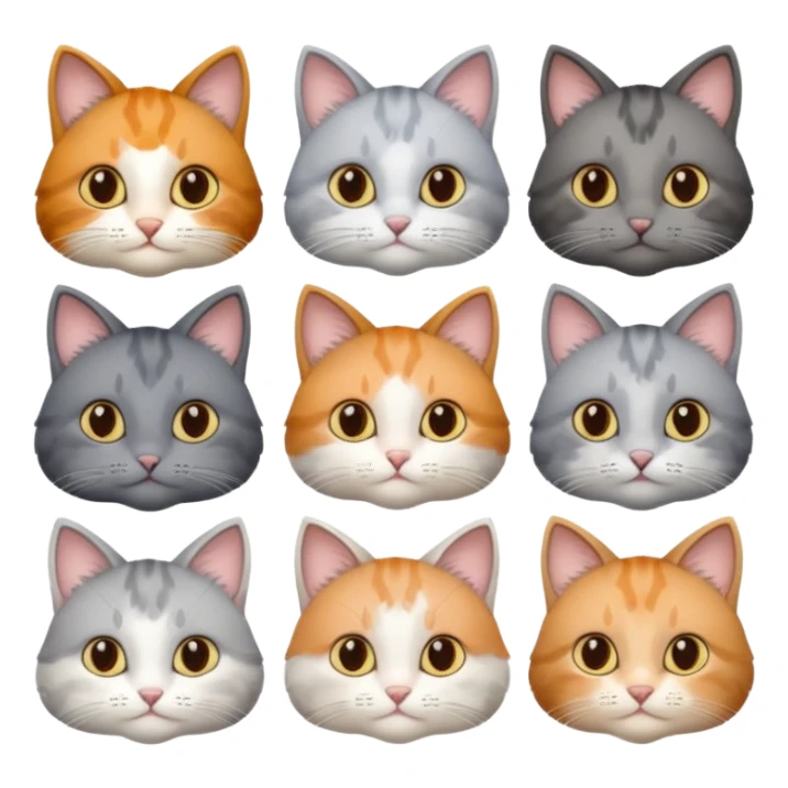 6 realistic looking cats with different natural coloured coats, assorted grey and white, greys, calicos etc
 sticker