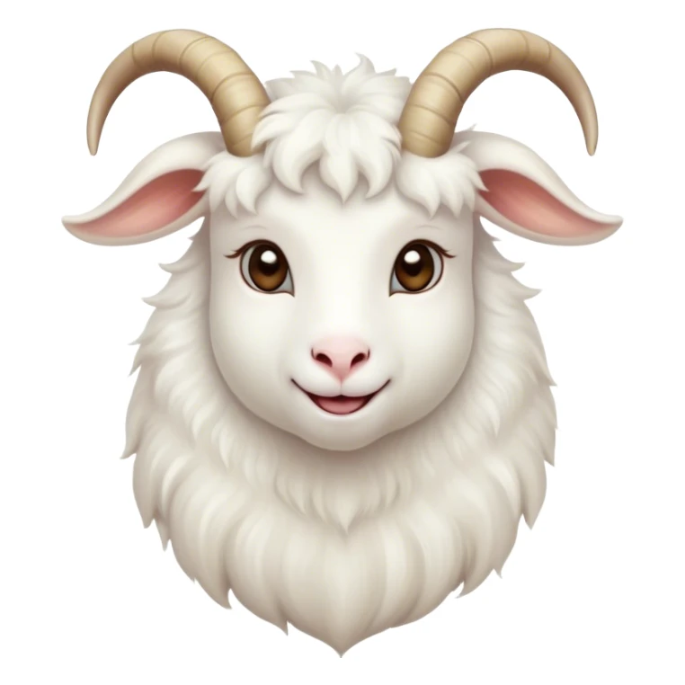 Cinematic Cute White Goat Portrait Emoji, Head tilted playfully and inquisitively, featuring a fluffy, immaculate white fur with charming curved horns, round, sparkling eyes filled with gentle curiosity, Simplified yet irresistibly adorable features, highly detailed, glowing with a warm, friendly glow, high shine, affectionate and lively, stylized with a touch of whimsical charm, bright and endearing, soft glowing outline, capturing the essence of a mischievous yet loving goat, so playful it feels like it could trot out of the screen and into your arms! sticker