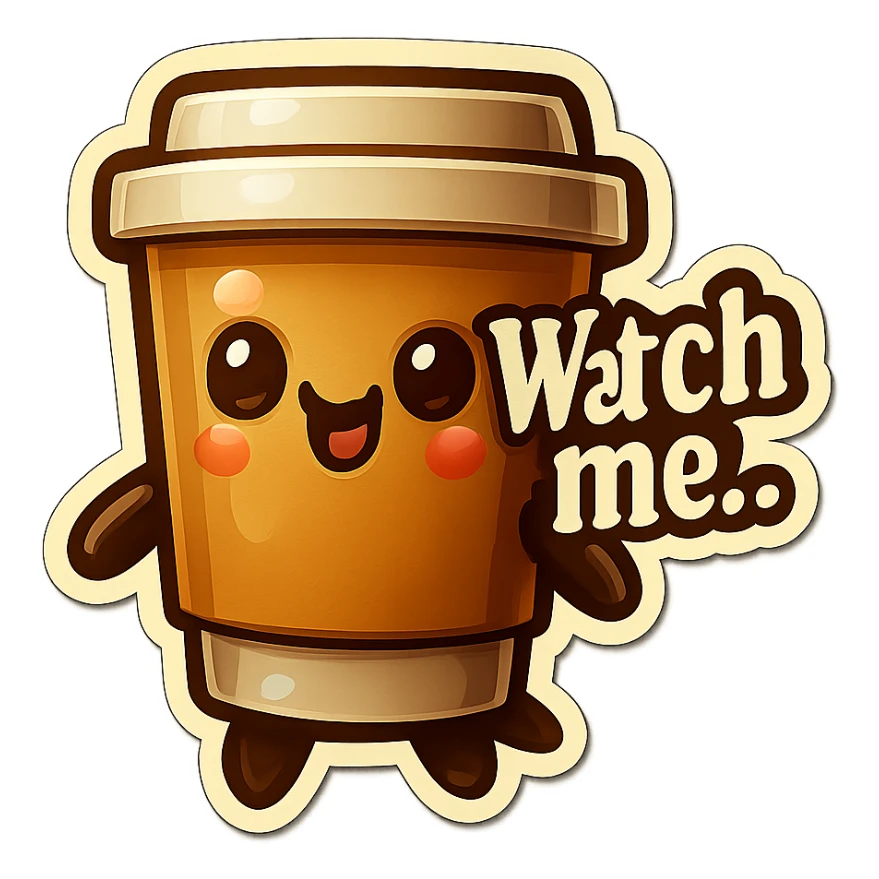 Tall coffee cup, giggling, mischievous eyes, "Watch me..." sticker