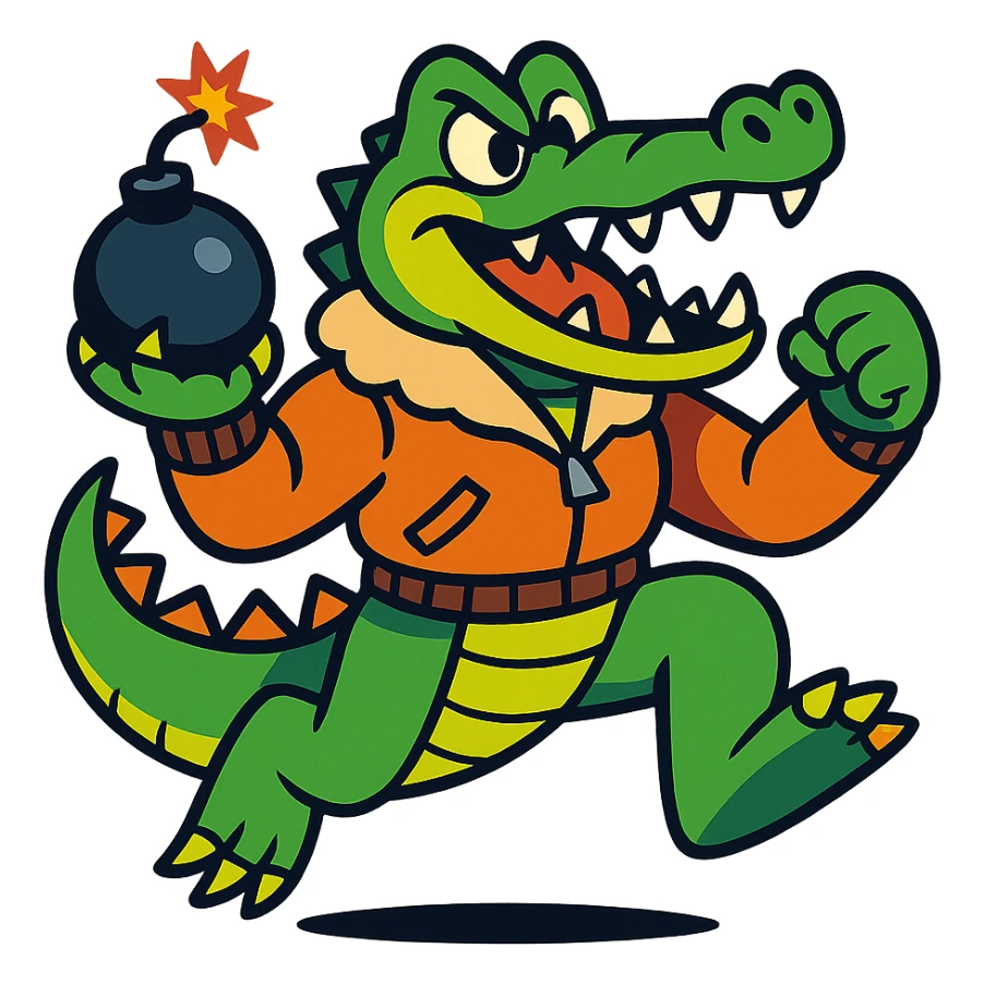 a crocodile dressed as a bomber, dynamic pose, cartoon style, vibrant colors, energetic, fun illustration sticker