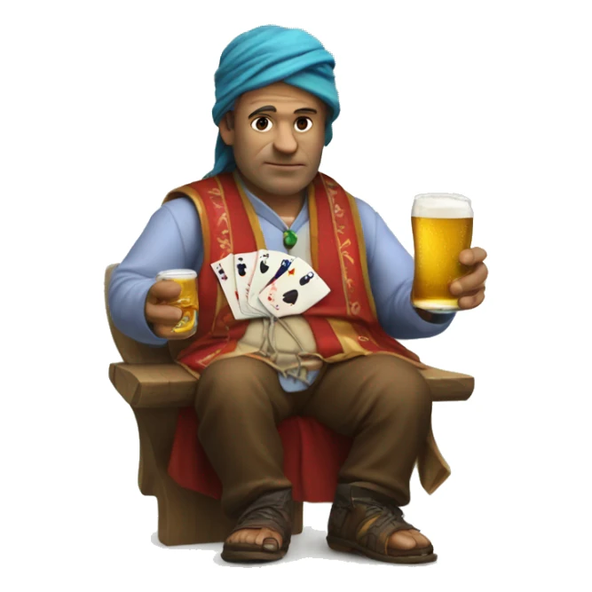 a fortune teller with cards and a bottle of beer and a phone on a string sticker