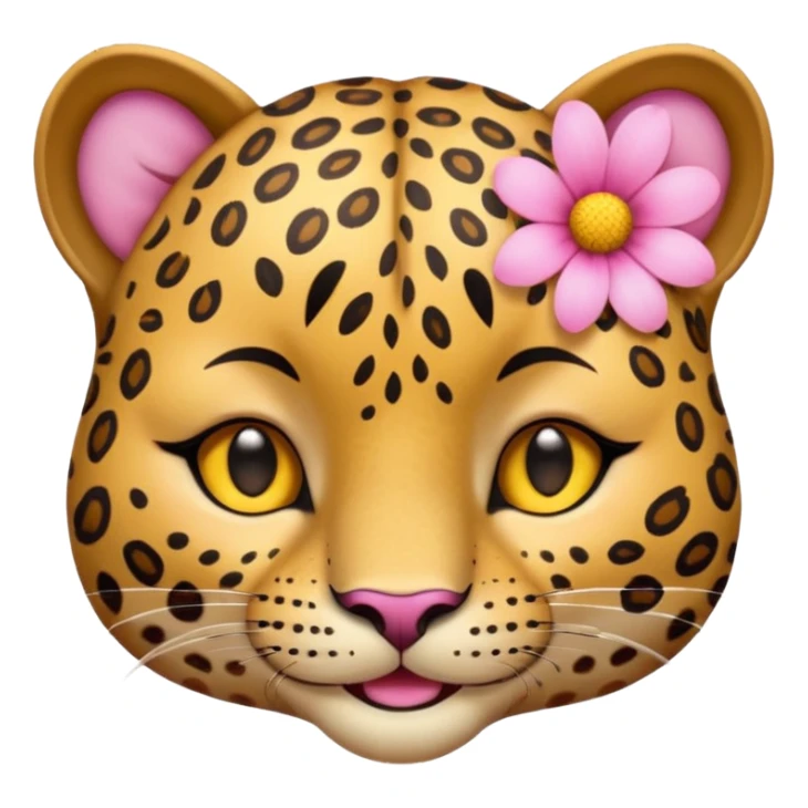 A cutE leopard face with EYES CLOSED and a peaceful smile. A pink flower with a yellow center is tucked behind its right ear sticker
