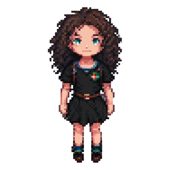 curly hair girl, pixel art style sticker
