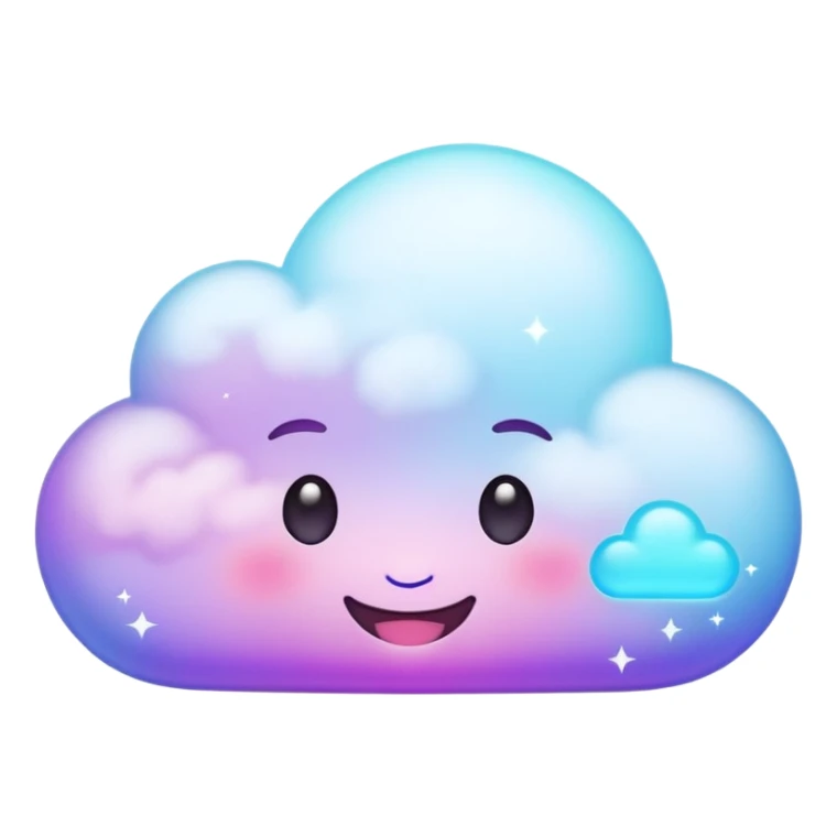 A tiny kawaii cloud emoji with a cheeky smile and wink, soft neon glow in purple/cyan, little sparkles floating, playful delulu vibe. sticker