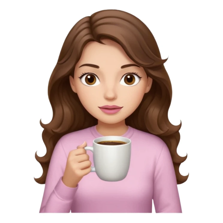 girl with wavy long brown hair, brown eyes, light to medium complexion, long lashes, light pink lipstick, wearing light pink shirt, sipping coffee sticker